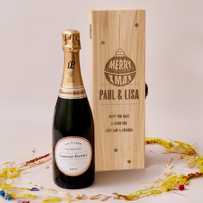 Engraved Wooden Box With Laurent-Perrier Champagne - Merry Christmas Bauble