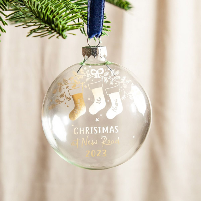 Personalised Christmas Stockings Family Foiled Glass Bauble