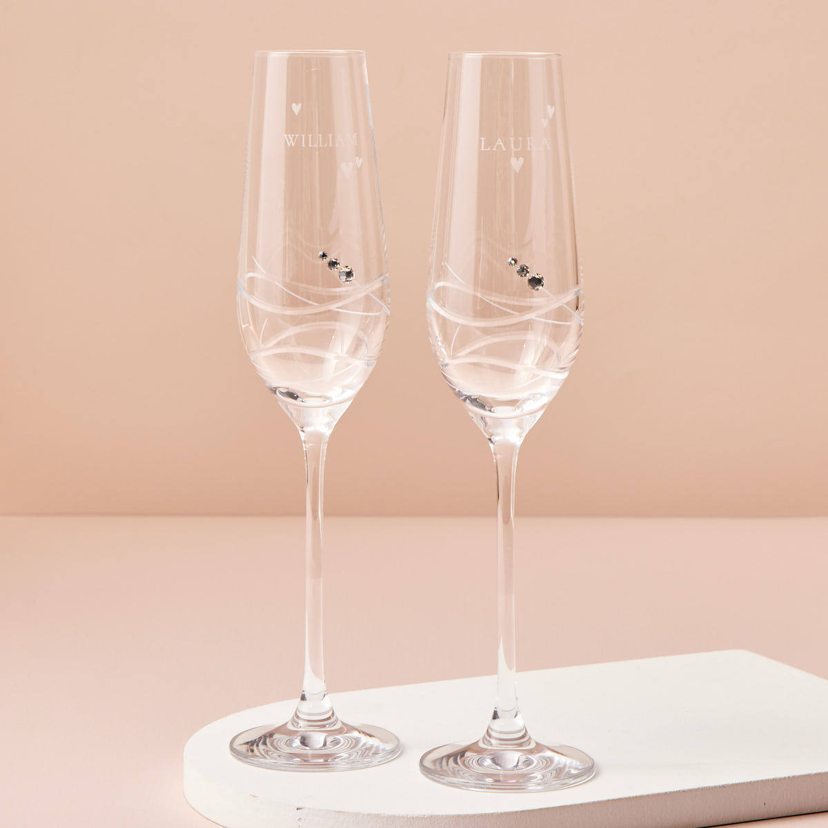 Engraved Set Of Two Swarovski Crystal Champagne Flutes with Laurent-Perrier Champagne - Names and Love Hearts