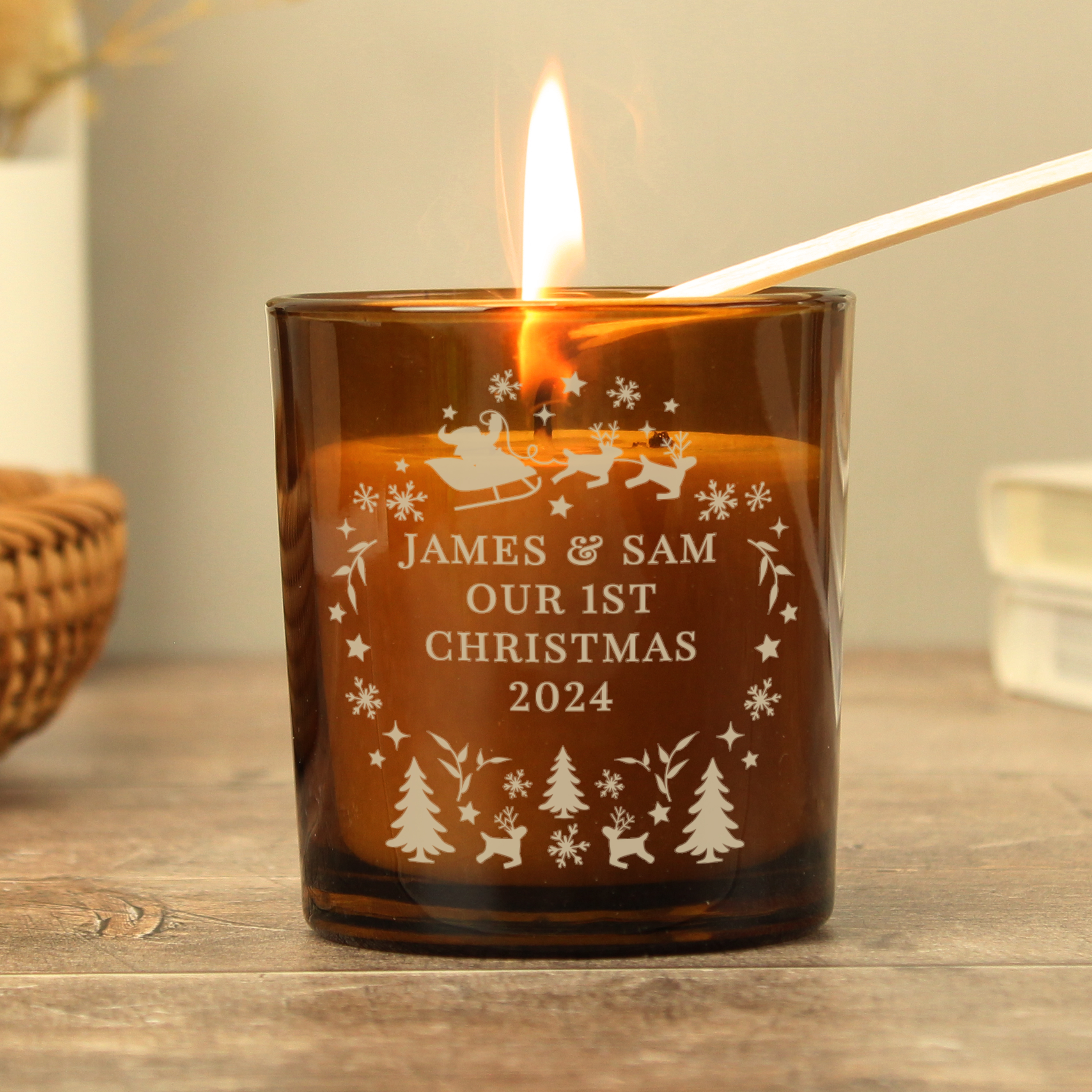 Personalised Engraved Christmas Amber Glass Candle