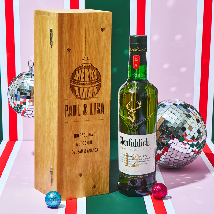 Engraved Wooden Box With Glenfiddich Whisky - Merry Christmas Bauble