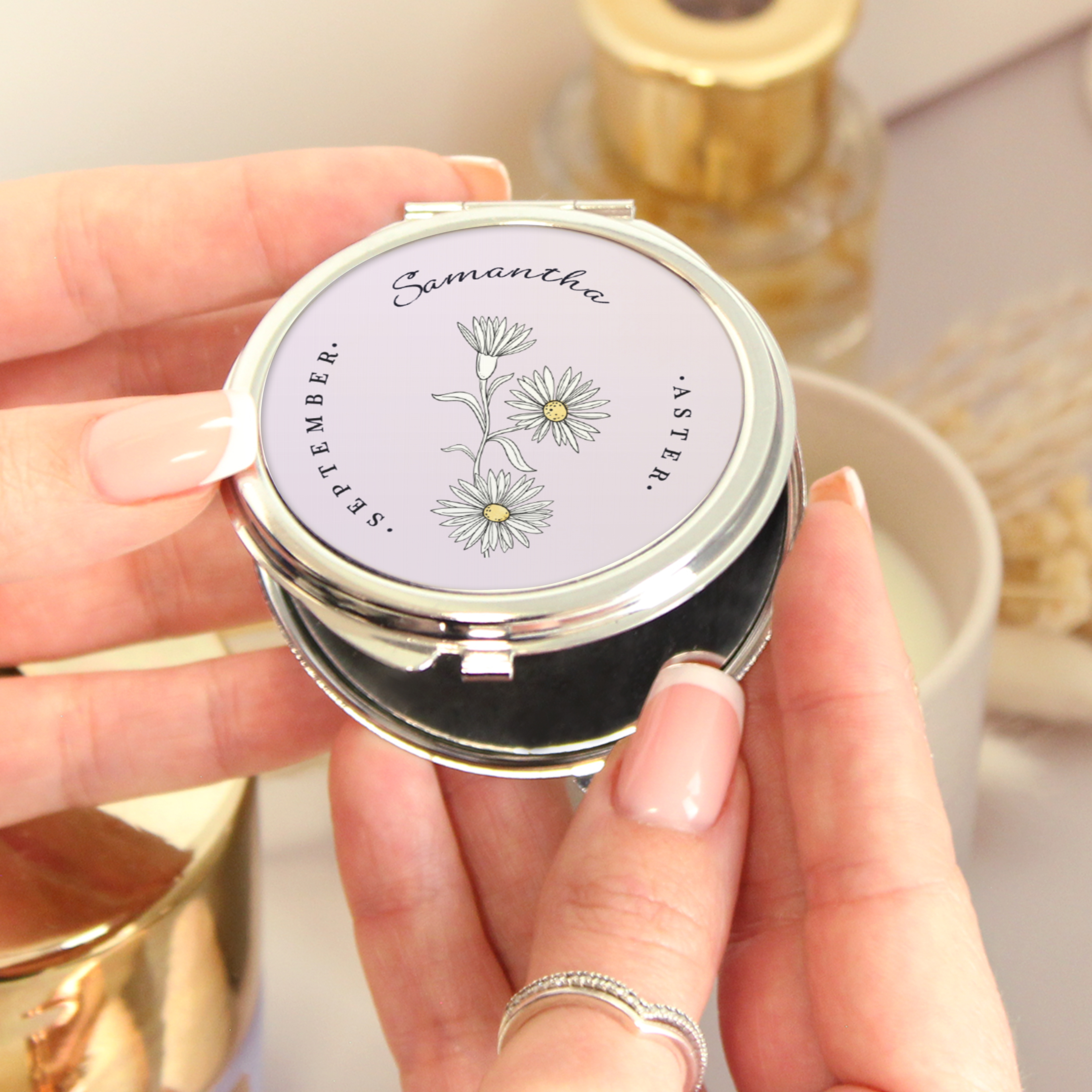 Personalised Flower Of The Month Compact Mirror