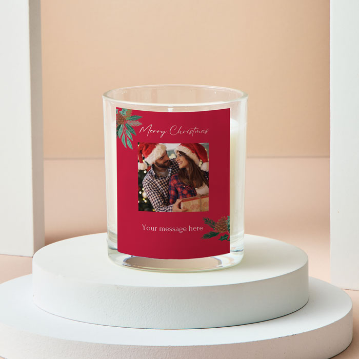 Photo Upload With Message Candle - Red Holly