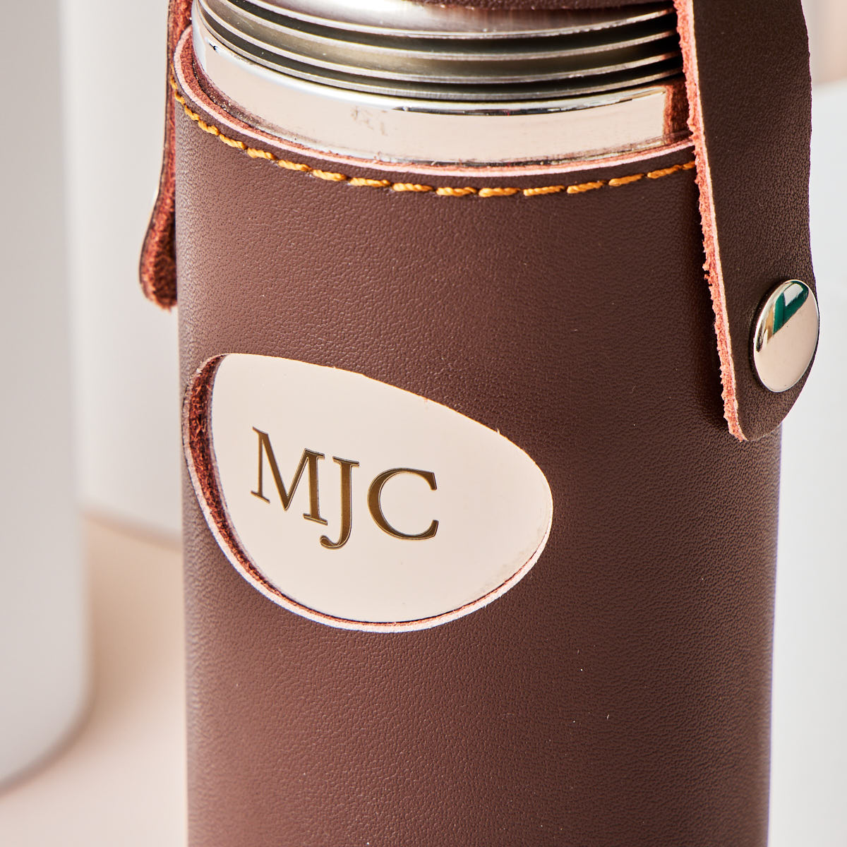 Personalised Engraved Brown Leather Hunter Flask with Cups