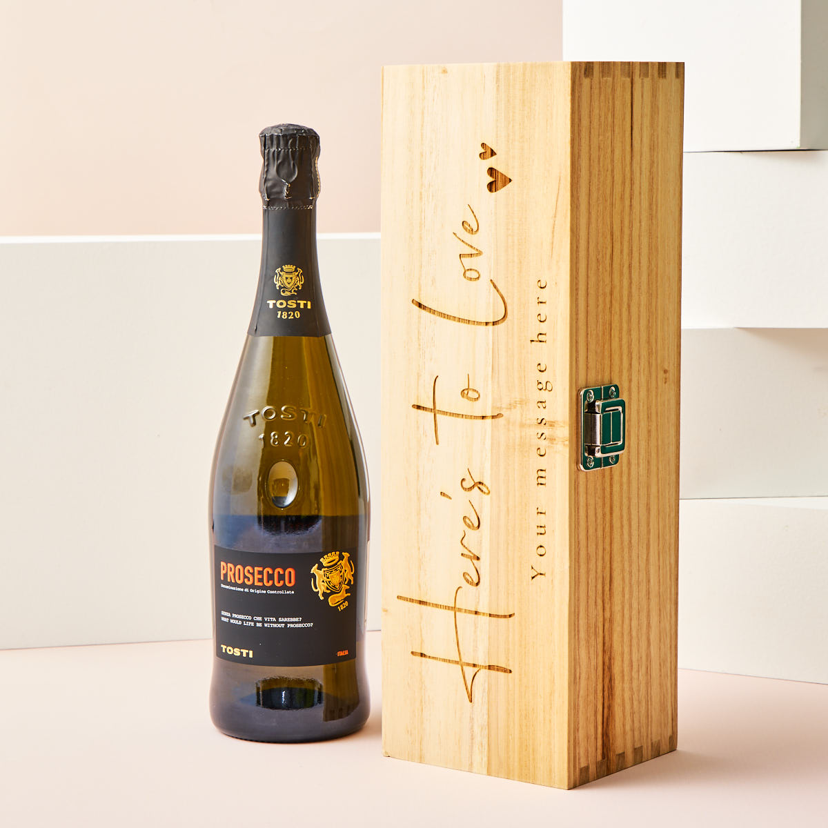 Engraved Wooden Box With Luxury Prosecco - Here's To Love