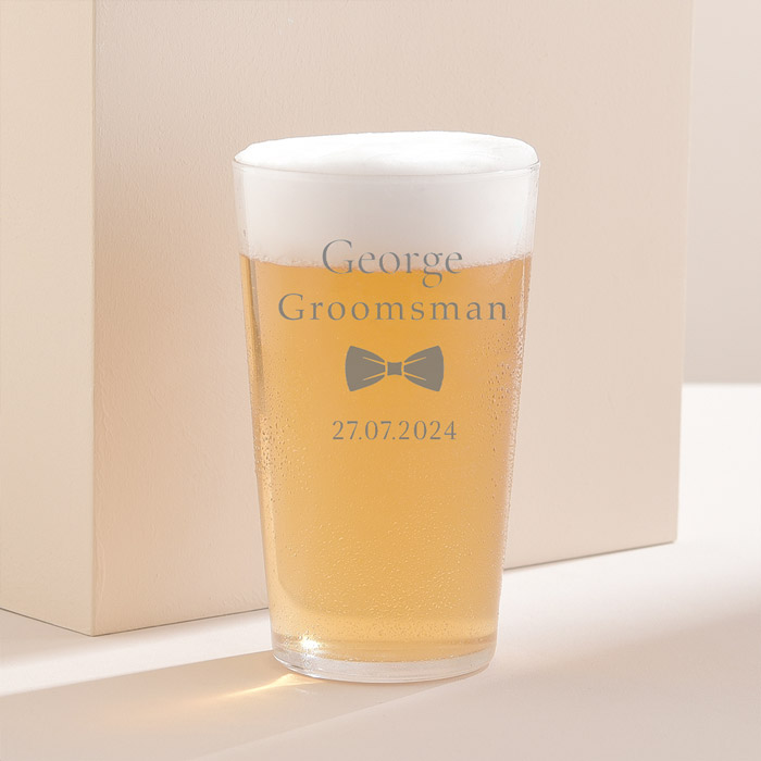 Personalised Engraved Pint Glass Wedding Bow Tie - Groomsman