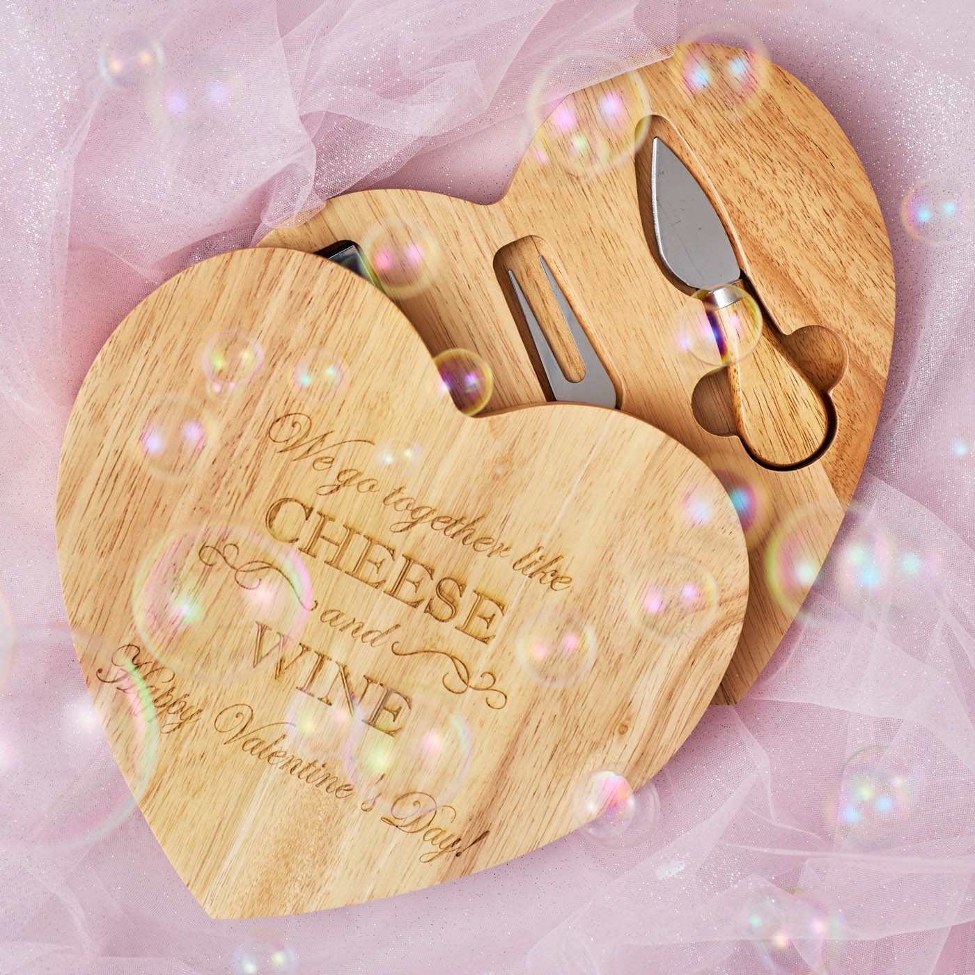 Personalised Heart-Shaped Wooden Cheeseboard Set - Go Together Like Cheese & Wine Happy Valentine's Day