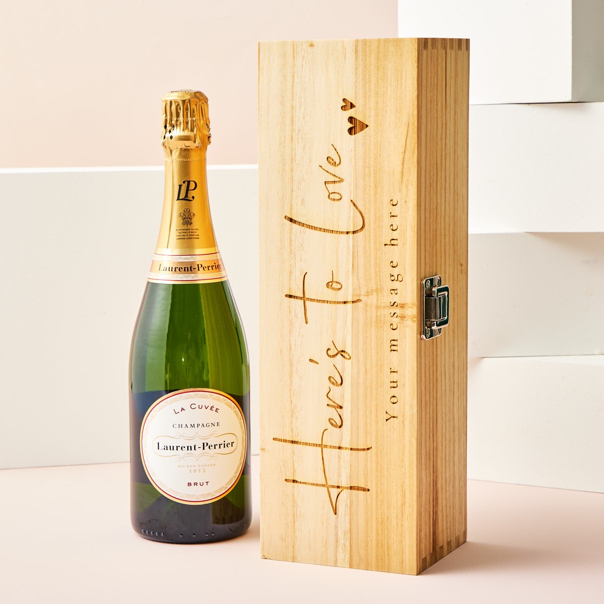 Engraved Wooden Box With Laurent-Perrier Champagne - Here's To Love