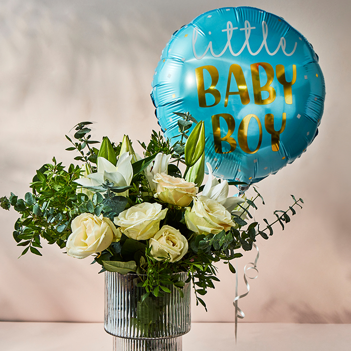 White Rose & Lily Flower Bouquet with Baby Boy Balloon - FREE DELIVERY