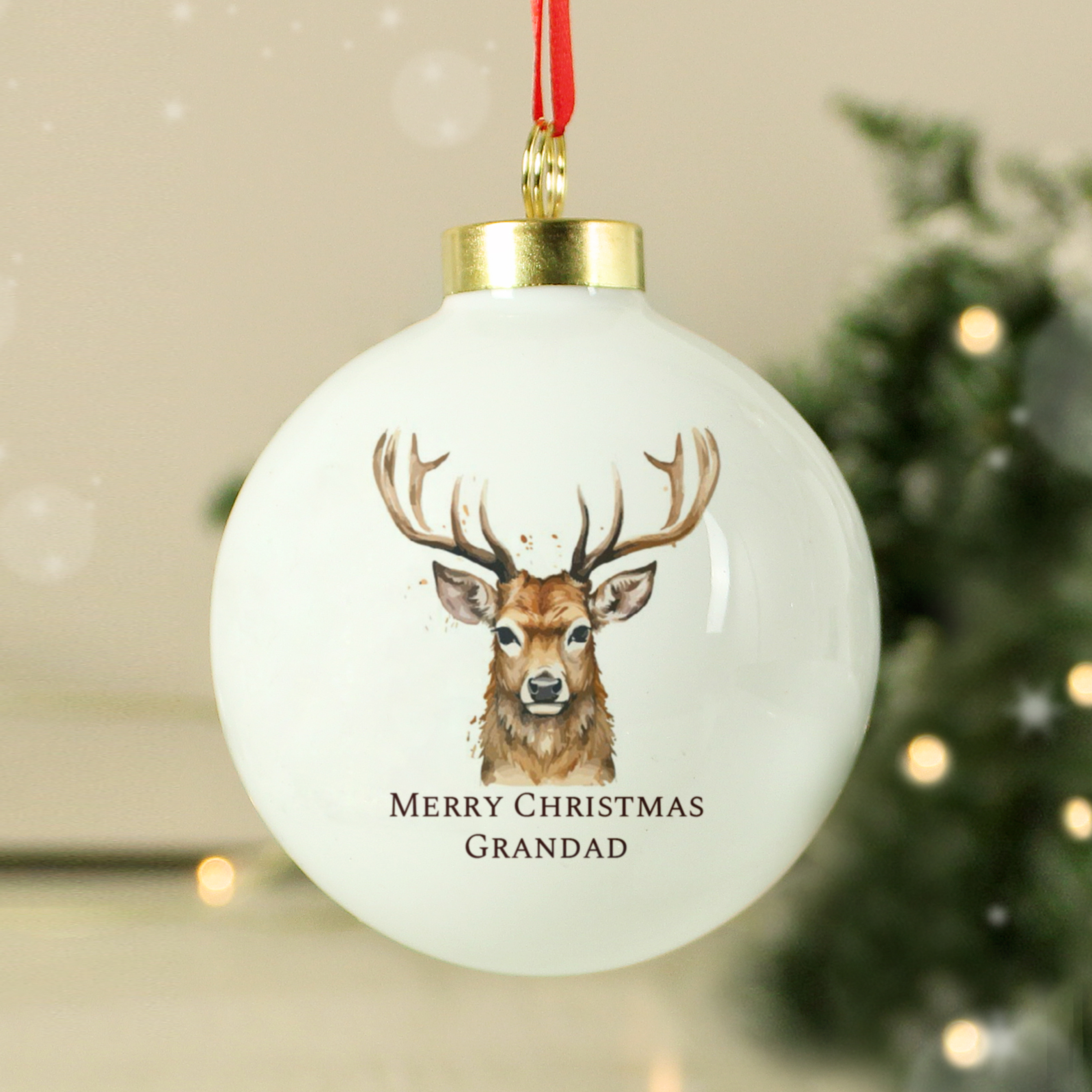 Personalised Water Colour Stag Ceramic Bauble