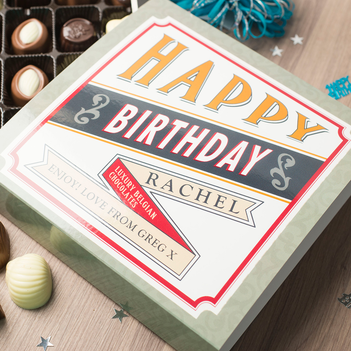 Personalised Belgian Chocolates - Retro Happy Birthday