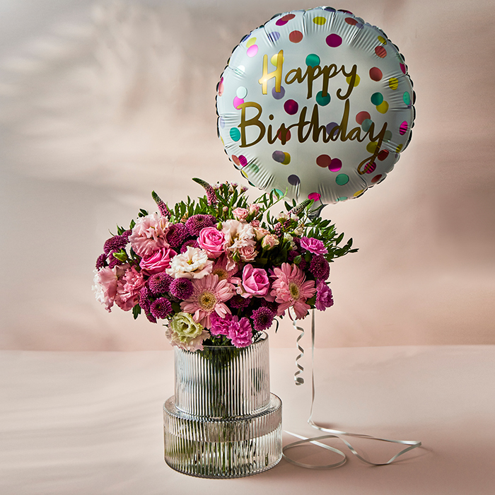 Country Garden Flower Bouquet with Happy Birthday Balloon - FREE DELIVERY