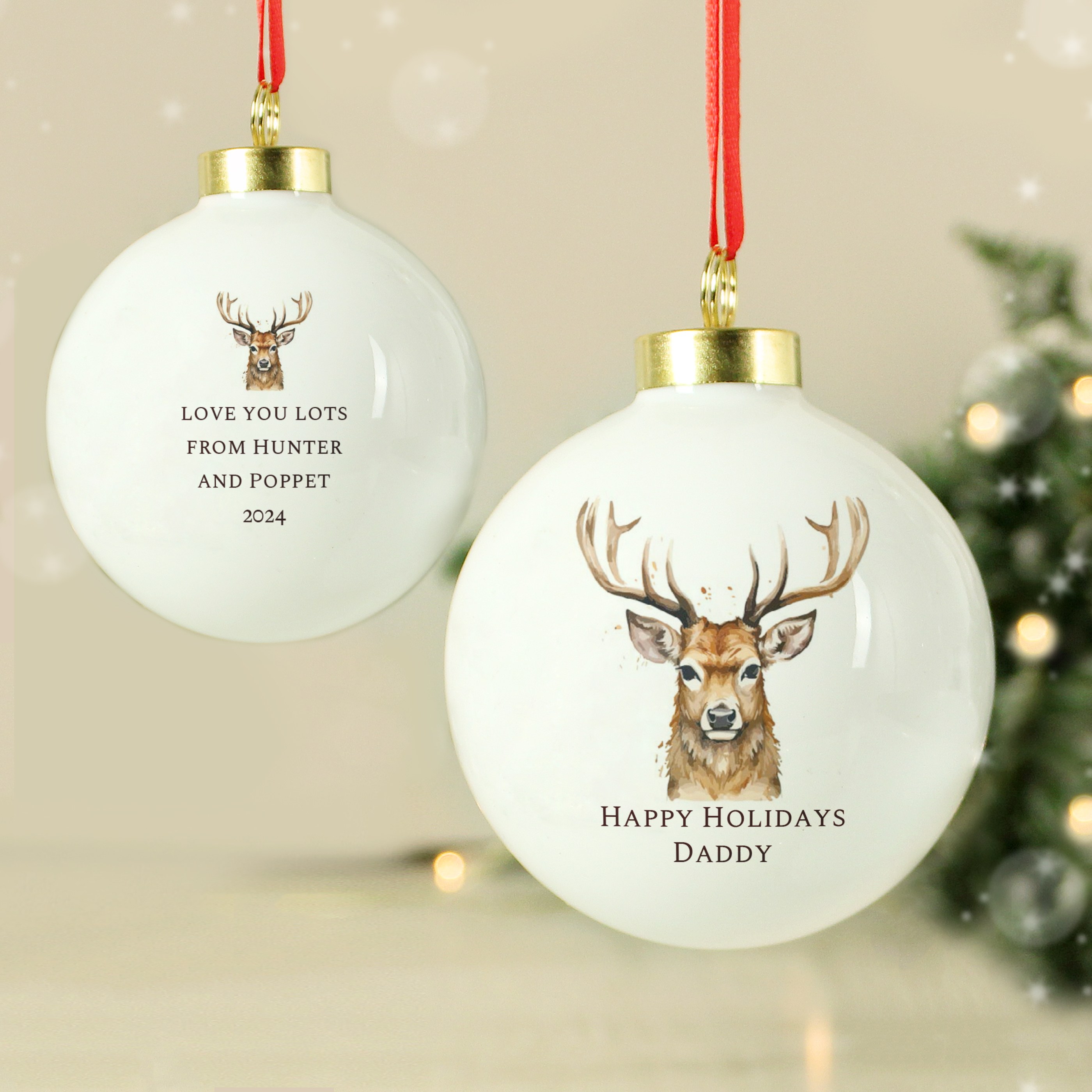 Personalised Water Colour Stag Ceramic Bauble