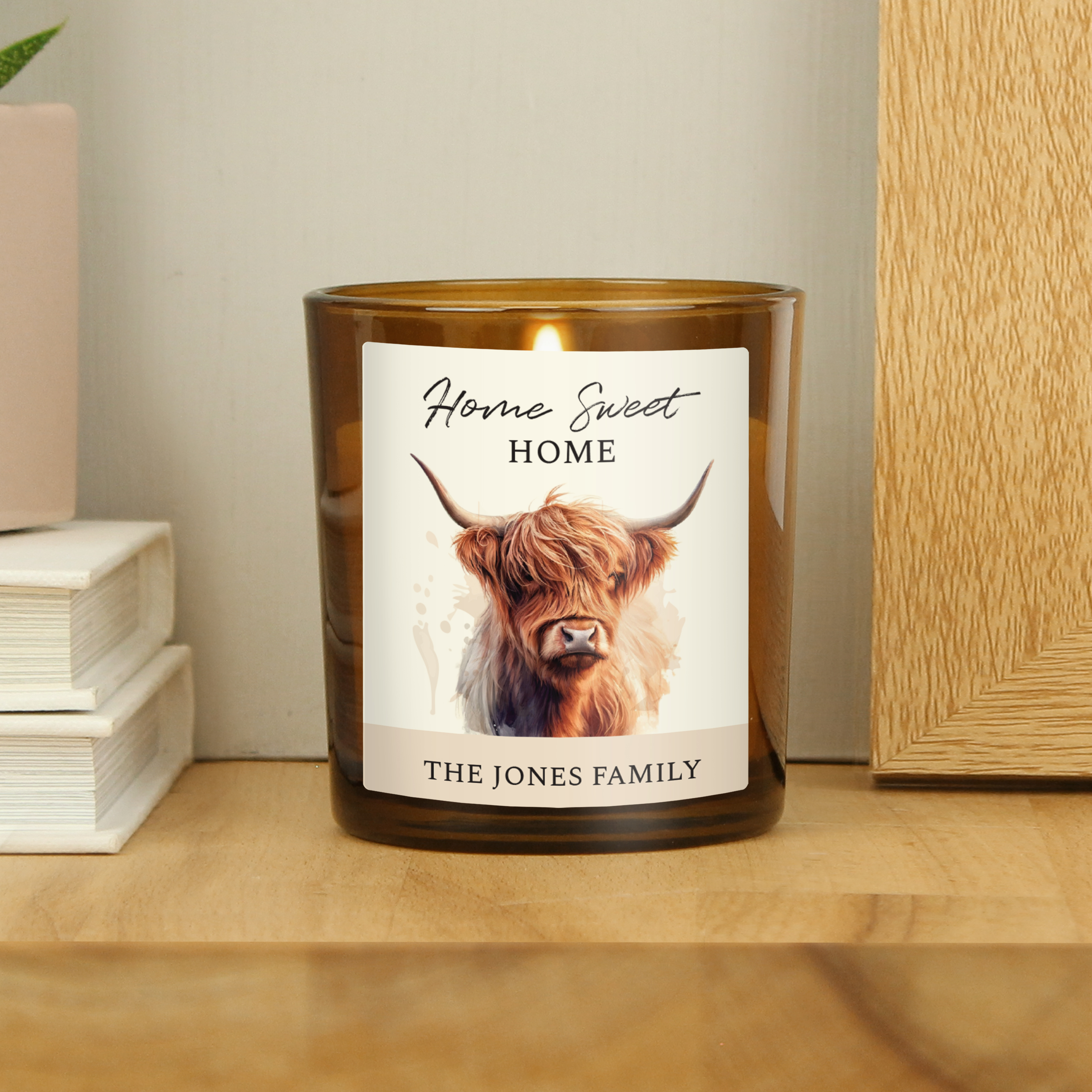 Personalised Highland Cow Amber Glass Candle Jar