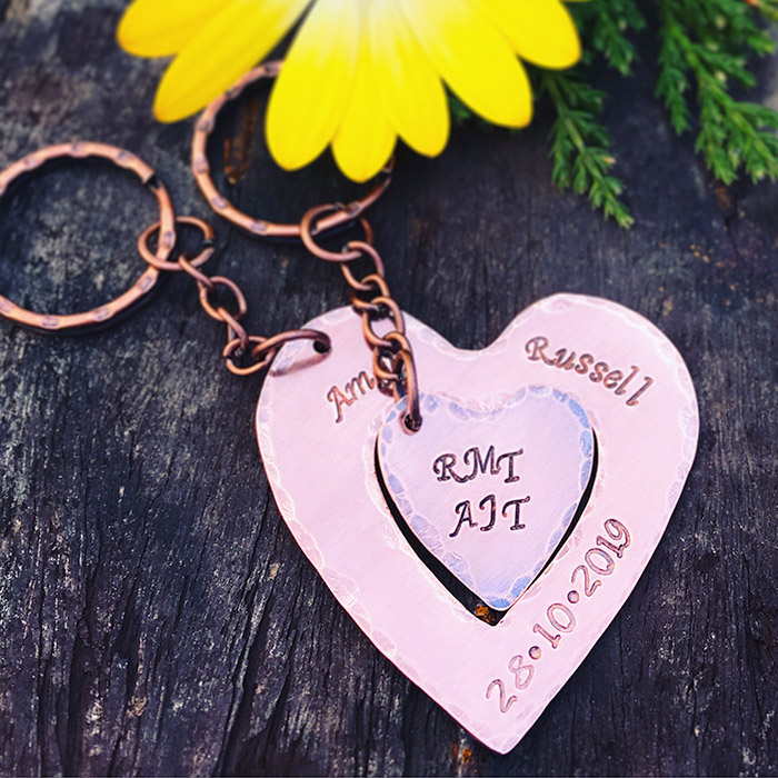 Personalised Copper Double Heart Keyring