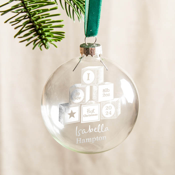 Personalised First Christmas Baby Building Blocks Foiled Glass Bauble