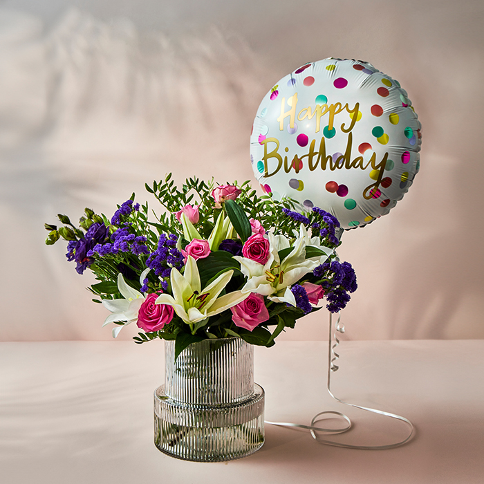 Purple Passion Flower Bouquet with Happy Birthday Balloon - FREE DELIVERY