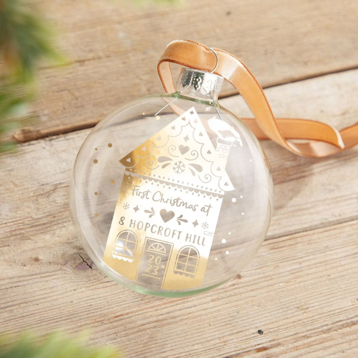 Personalised Gingerbread House New Home Foiled Glass Bauble