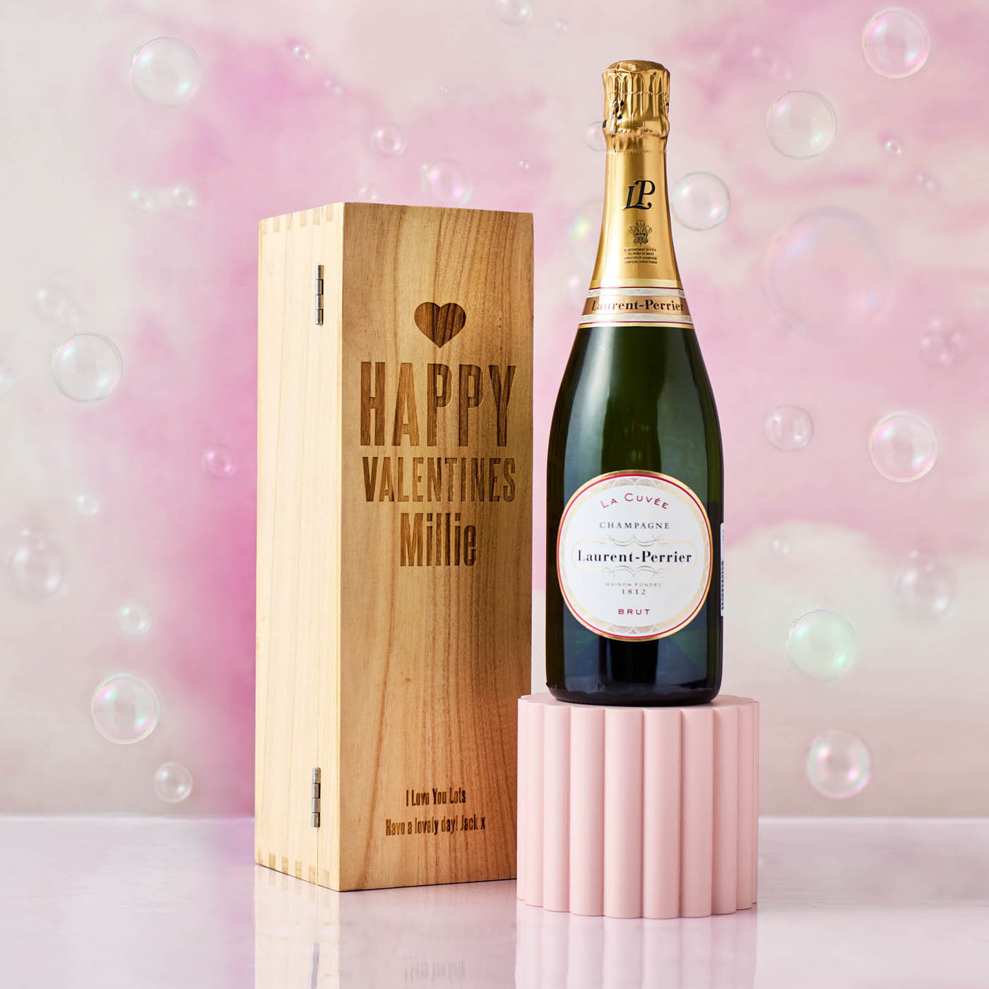 Engraved Wooden Box With Laurent-Perrier Champagne - Happy Valentine's Day