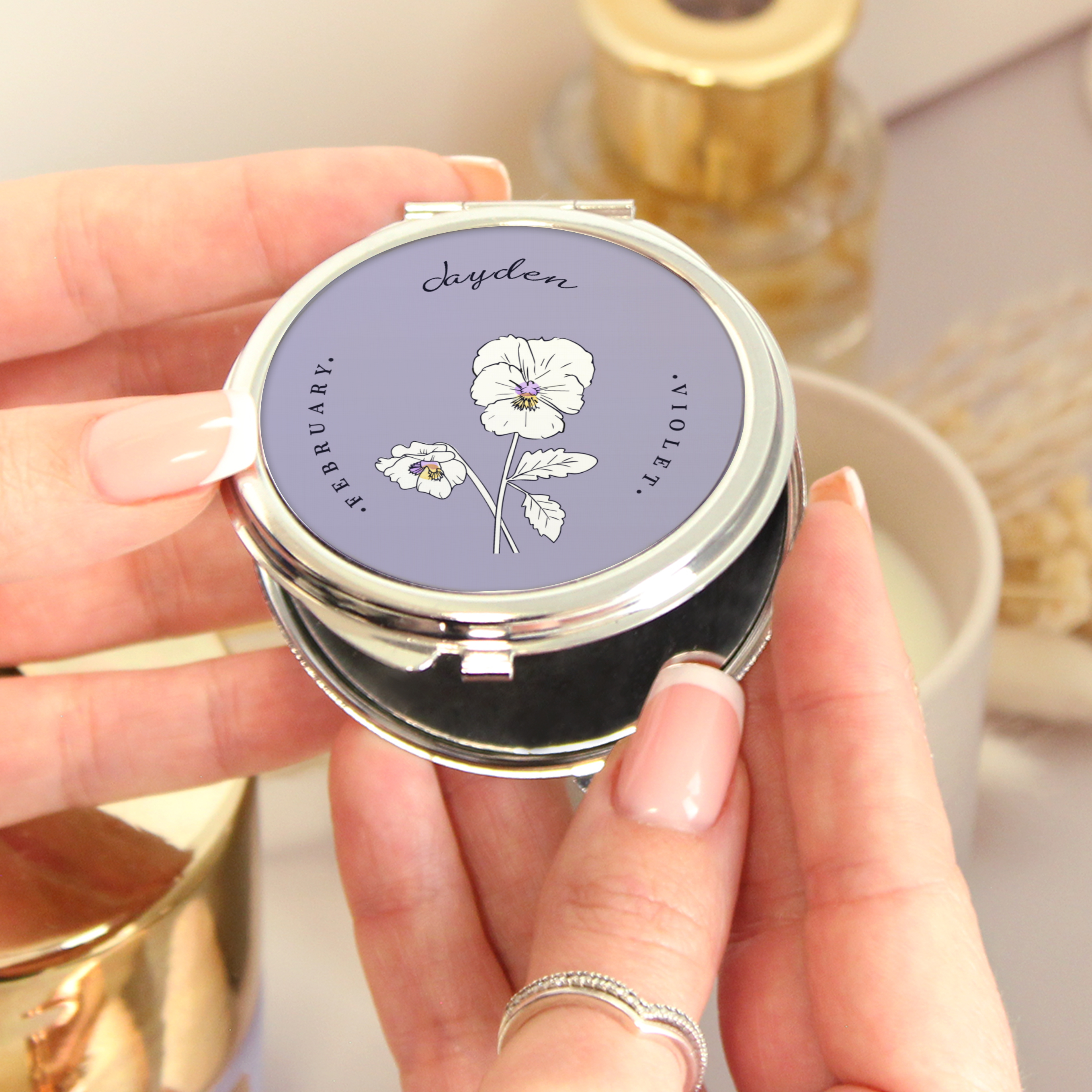 Personalised Flower Of The Month Compact Mirror