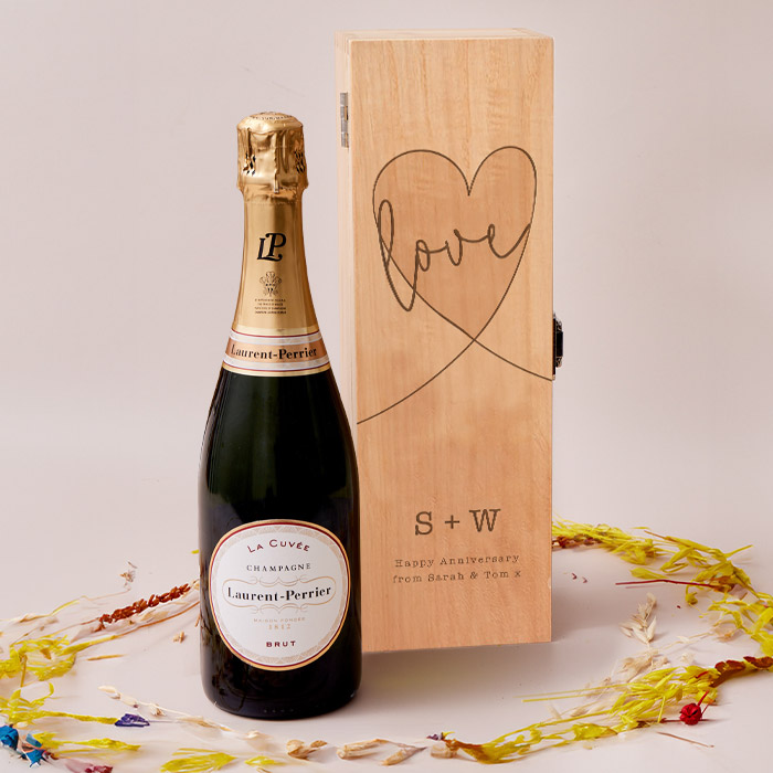 Engraved Wooden Box With Laurent-Perrier Champagne - Love Heart