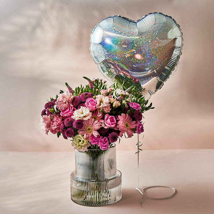 Country Garden Flower Bouquet with Silver Heart Balloon - FREE DELIVERY