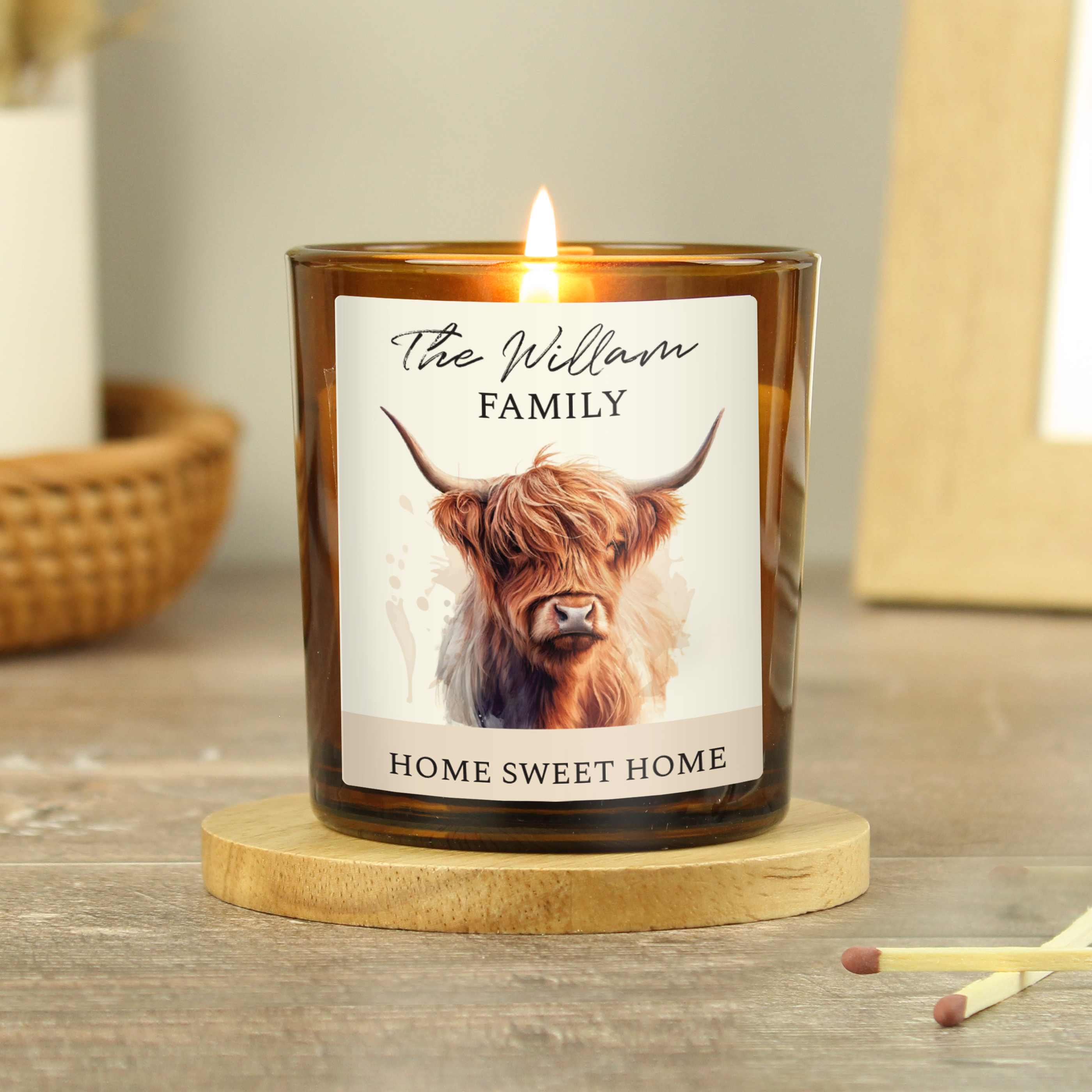 Personalised Highland Cow Amber Glass Candle Jar