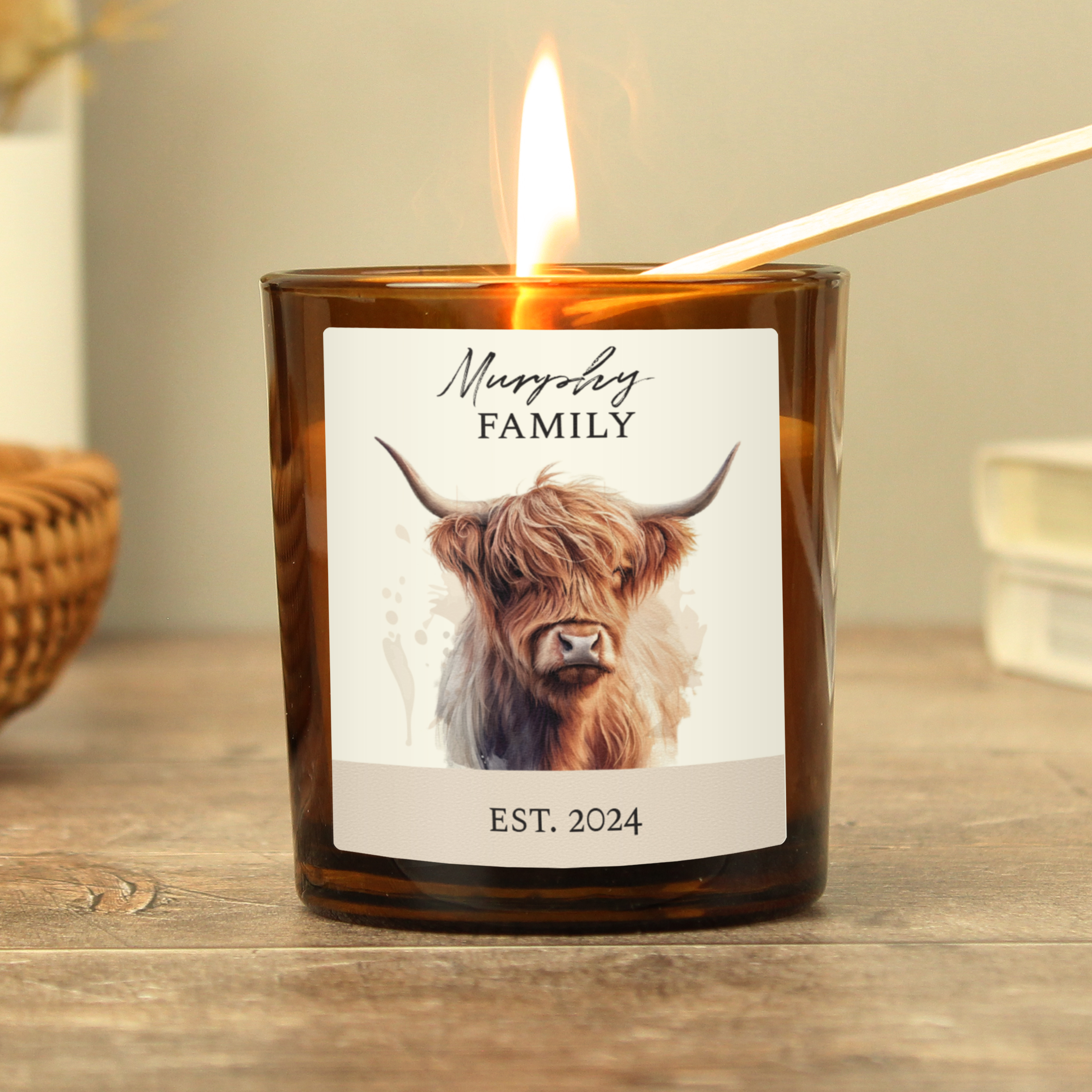 Personalised Highland Cow Amber Glass Candle Jar