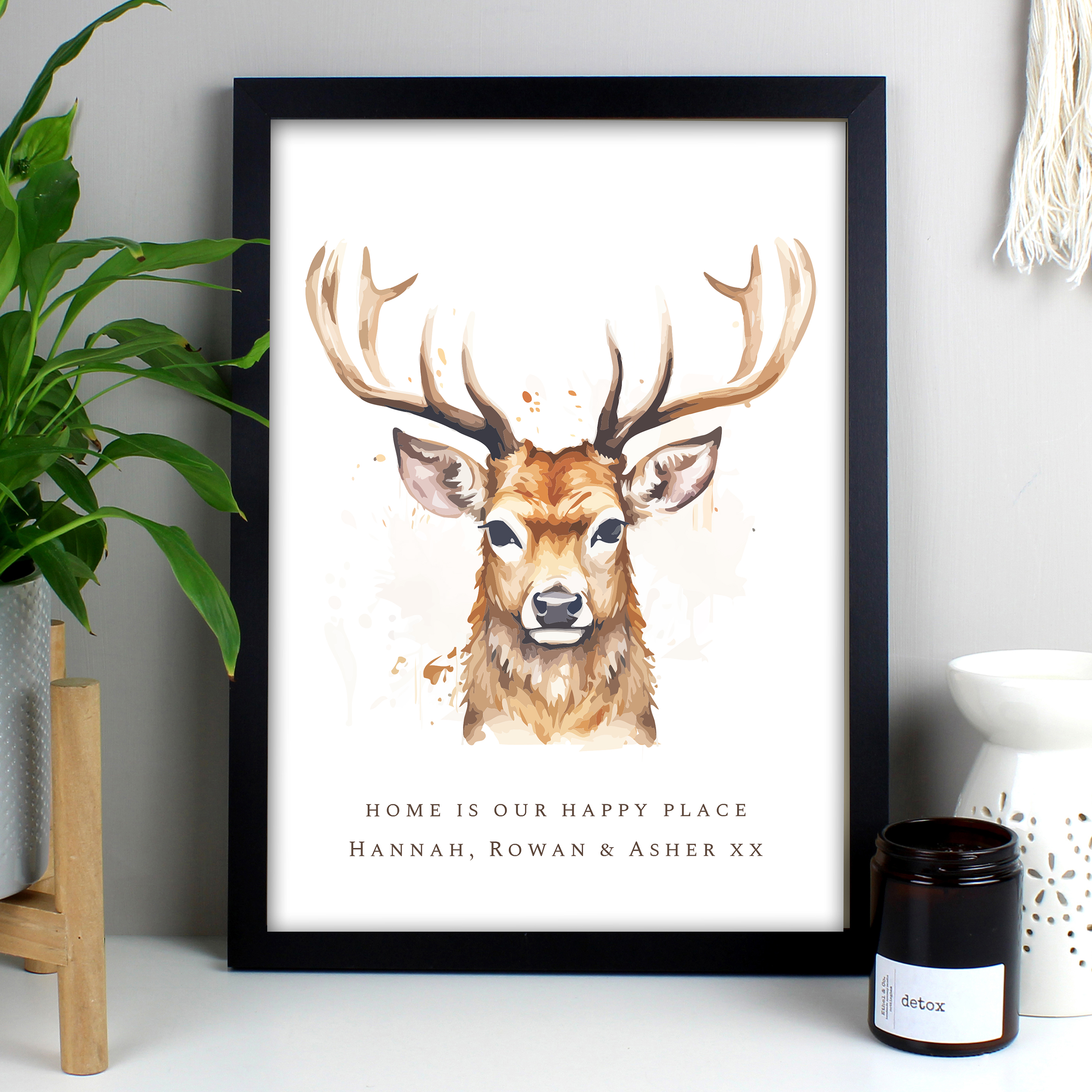 Personalised Water Colour Stag A4 Framed Print Black Frame