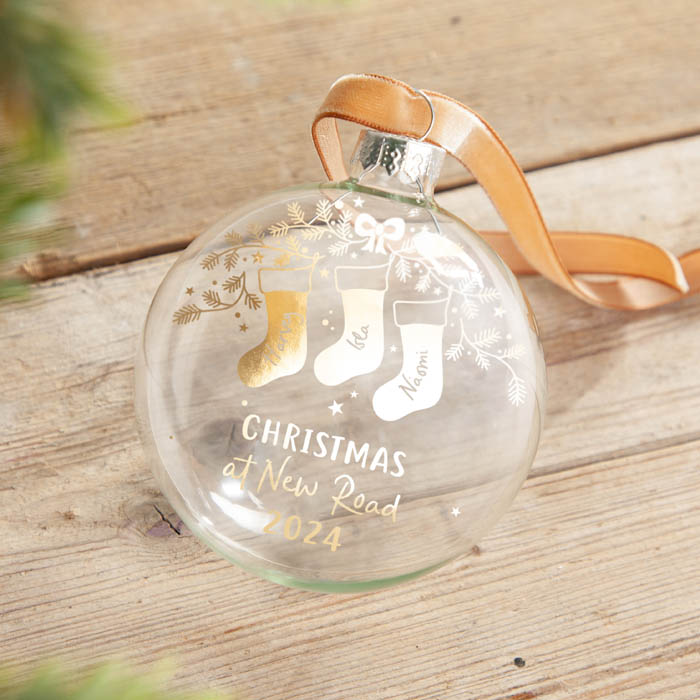 Personalised Christmas Stockings Family Foiled Glass Bauble