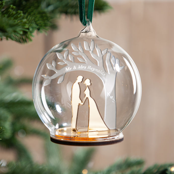 Personalised Metallic Couple's Silhouette & Frosted Tree Christmas Bauble