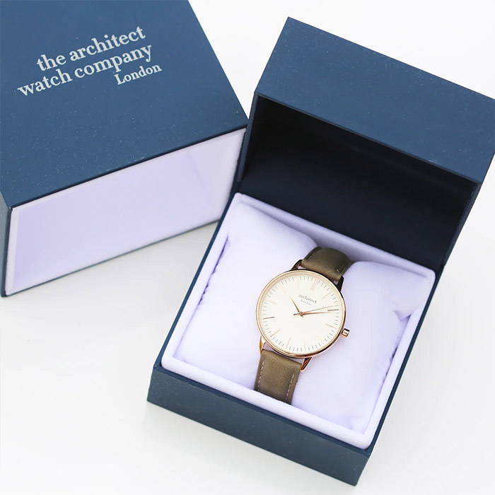 Women's Personalised Watch - Architect Blanc with Modern Font Engraving and Light Grey Strap