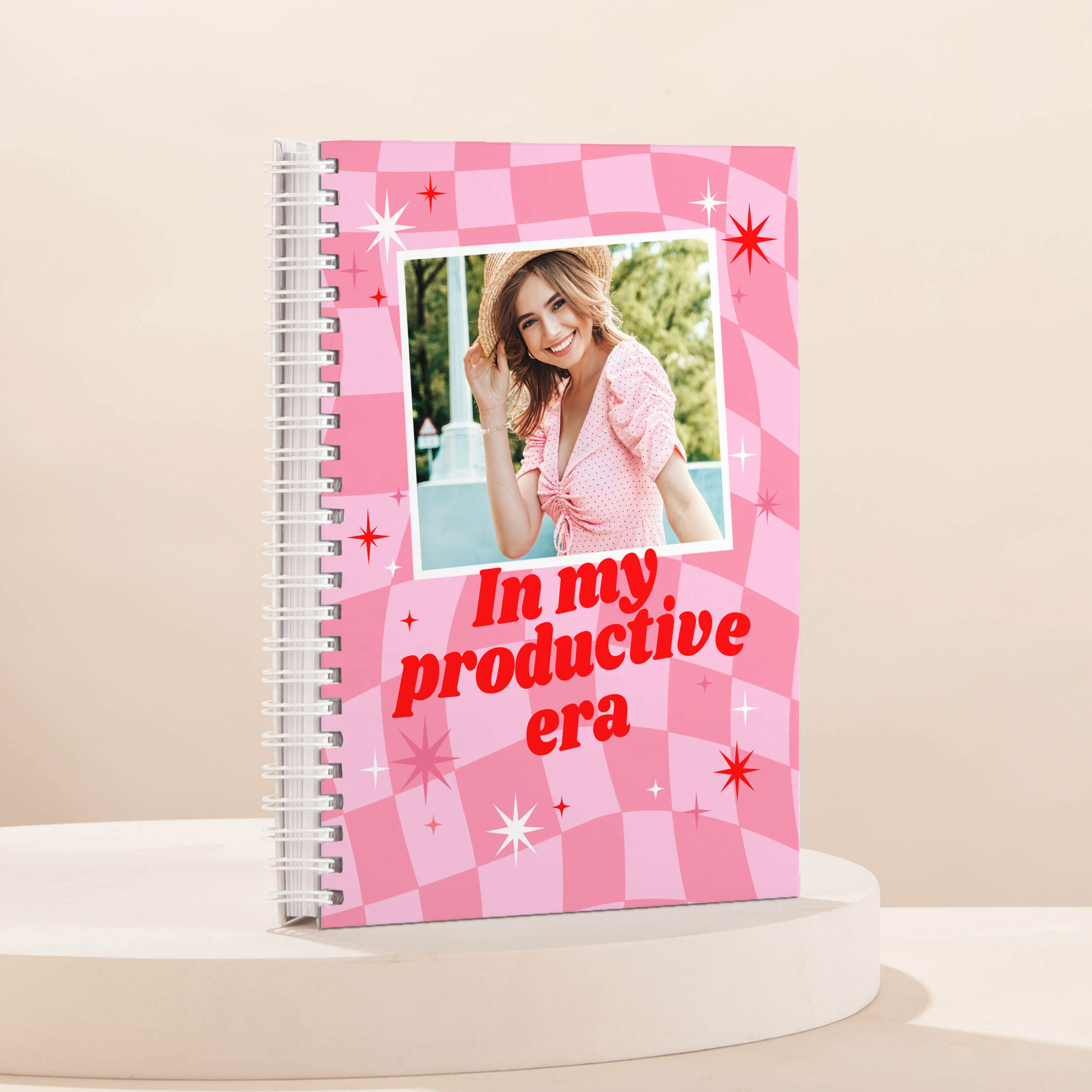 Photo Upload Groovy Pink Chequered Notebook - In My Productive Era