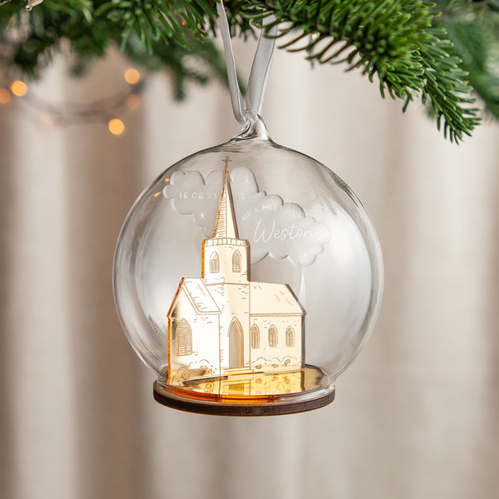Personalised Metallic Mirror Church Couple's First Christmas Bauble