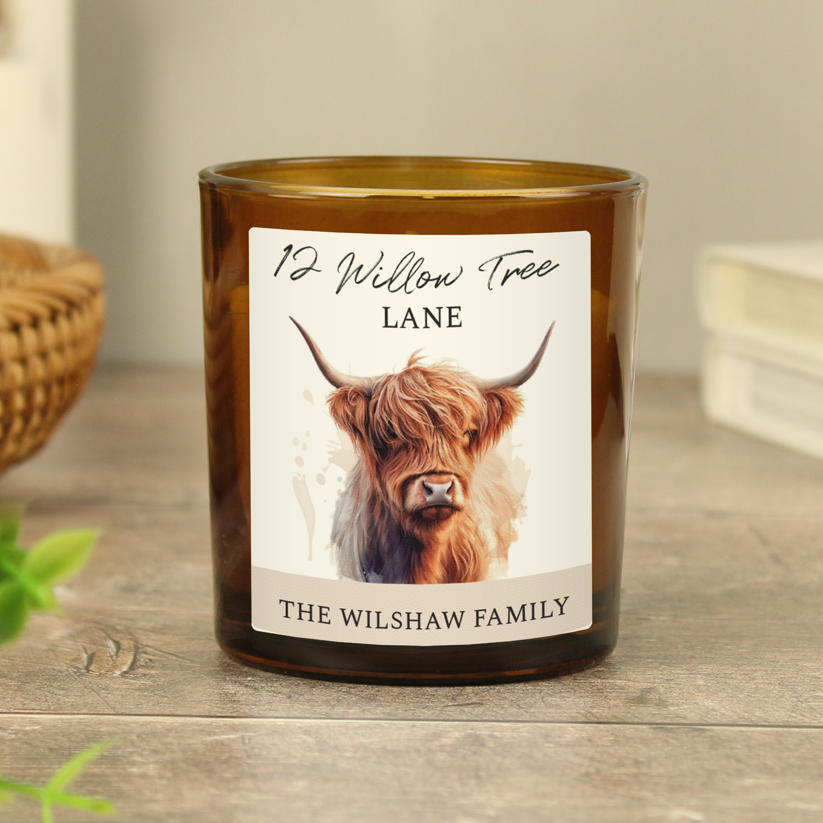 Personalised Highland Cow Amber Glass Candle Jar