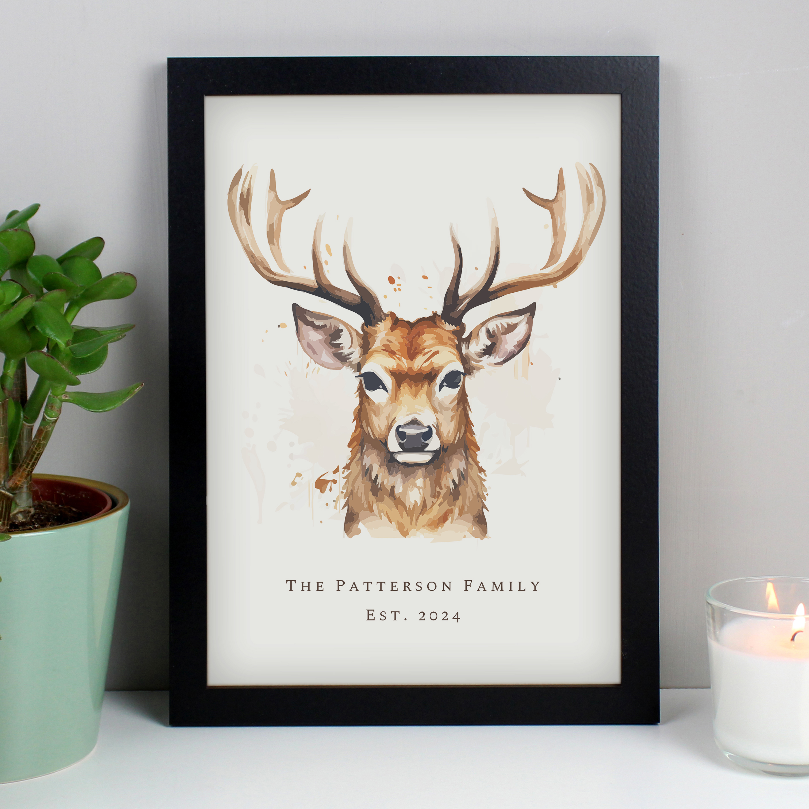 Personalised Water Colour Stag A4 Framed Print Black Frame