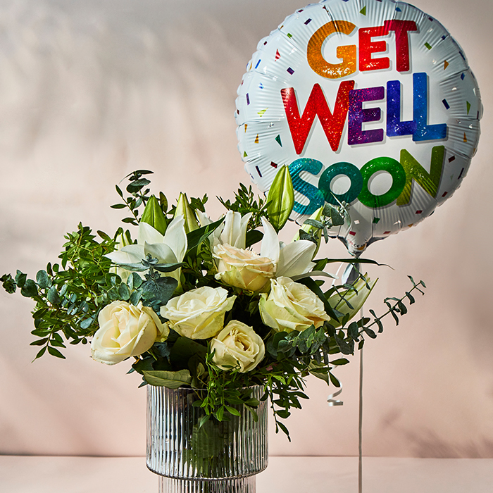 White Rose & Lily Flower Bouquet with Get Well Soon Balloon - FREE DELIVERY