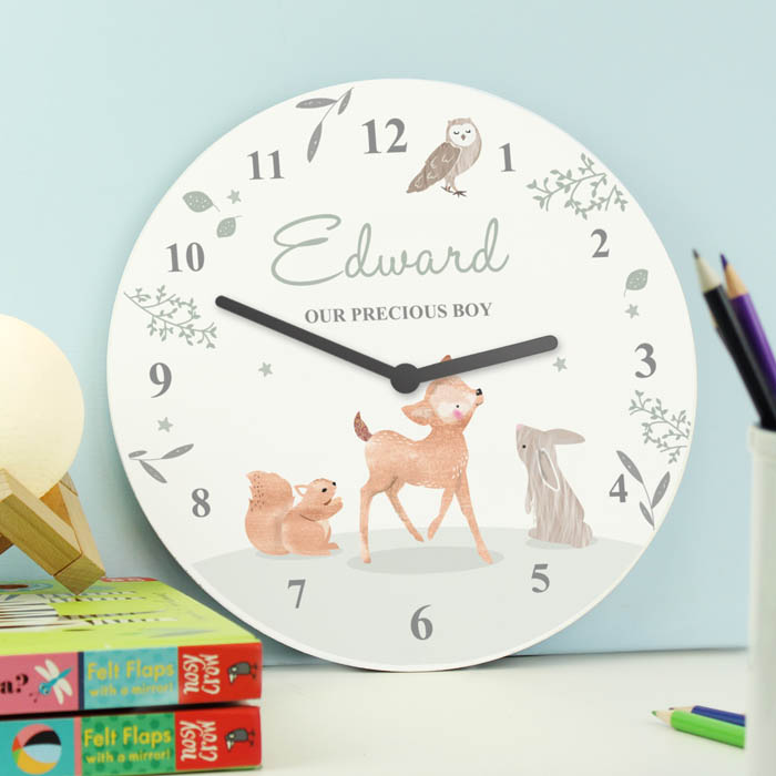 Personalised Woodland Animals Wooden Nursery Clock