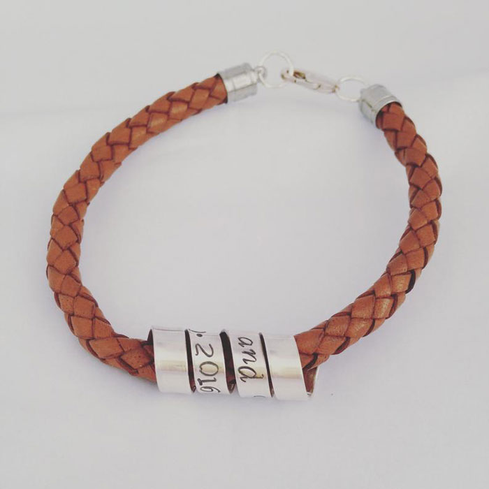 Personalised Leather Braided Bracelet with Sterling Silver Scroll