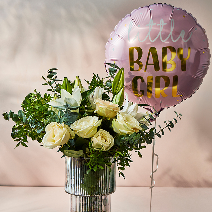 White Rose & Lily Flower Bouquet with Baby Girl Balloon - FREE DELIVERY