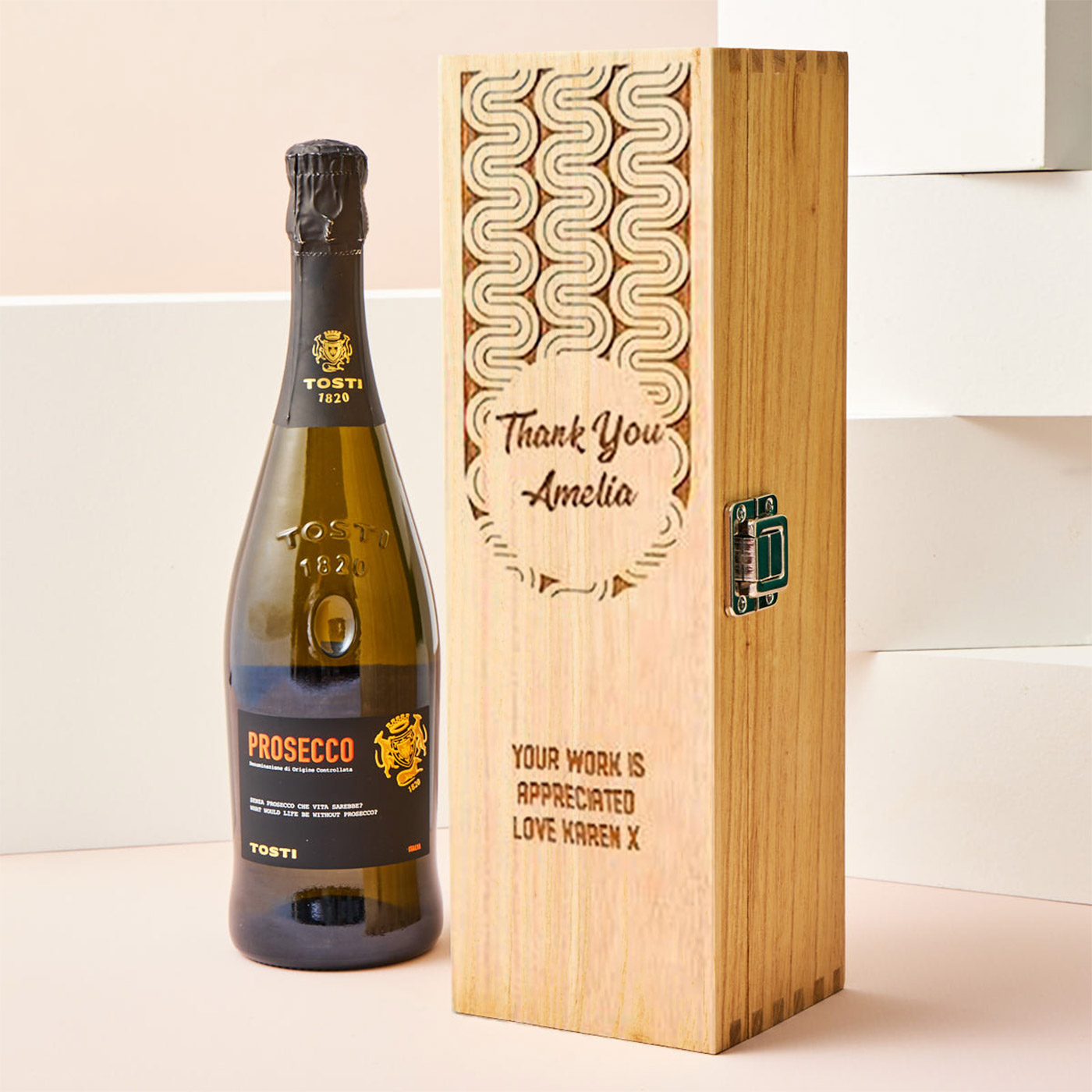 Engraved Wooden Box With Luxury Prosecco - Retro