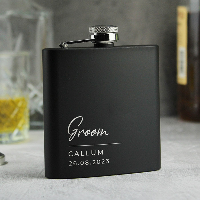 Personalised Free Text Script Black Hip Flask - Wedding