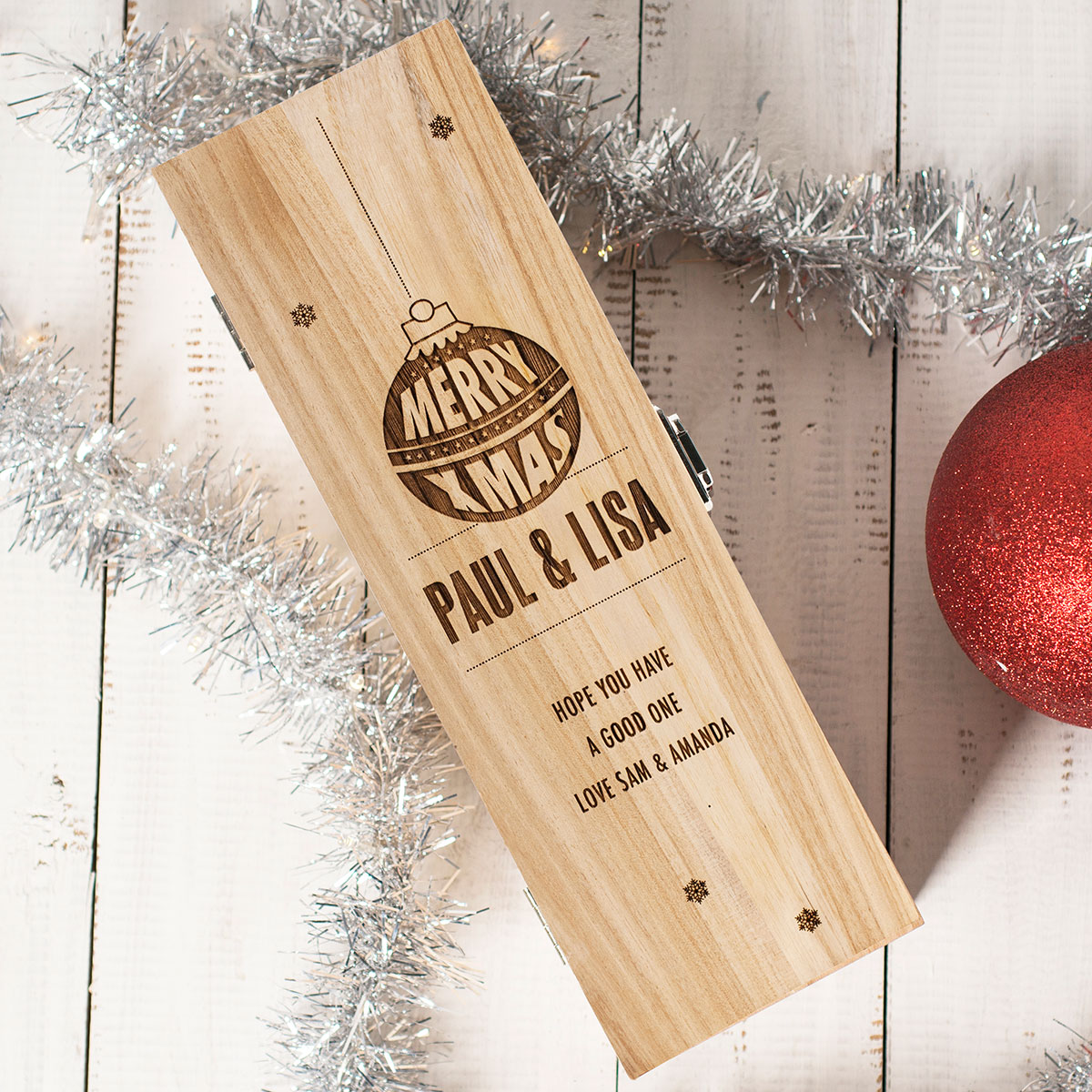 Engraved Wooden Box With Laurent-Perrier Champagne - Merry Christmas Bauble