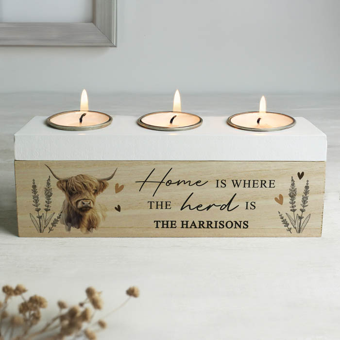 Personalised Highland Cow Triple Tea Light Box