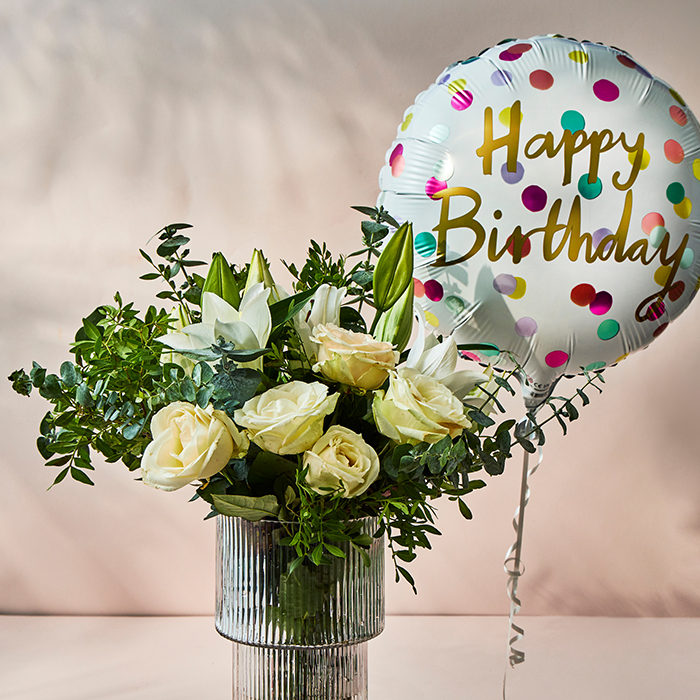 White Rose & Lily Flower Bouquet with Happy Birthday Balloon - FREE DELIVERY