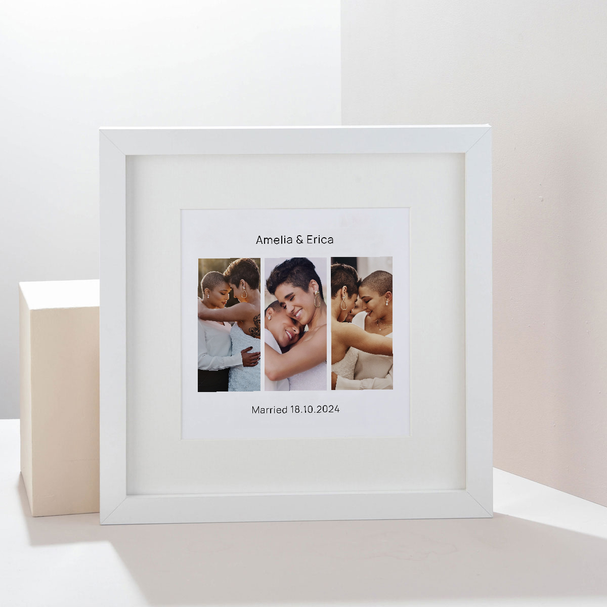 Personalised Square Framed 3 Photo Upload Wall Art Print -  Wedding Day