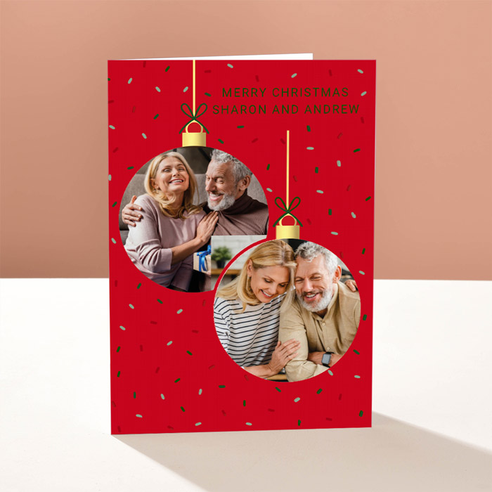 Personalised Kerry Spurling Christmas Photo Card - Christmas Baubles