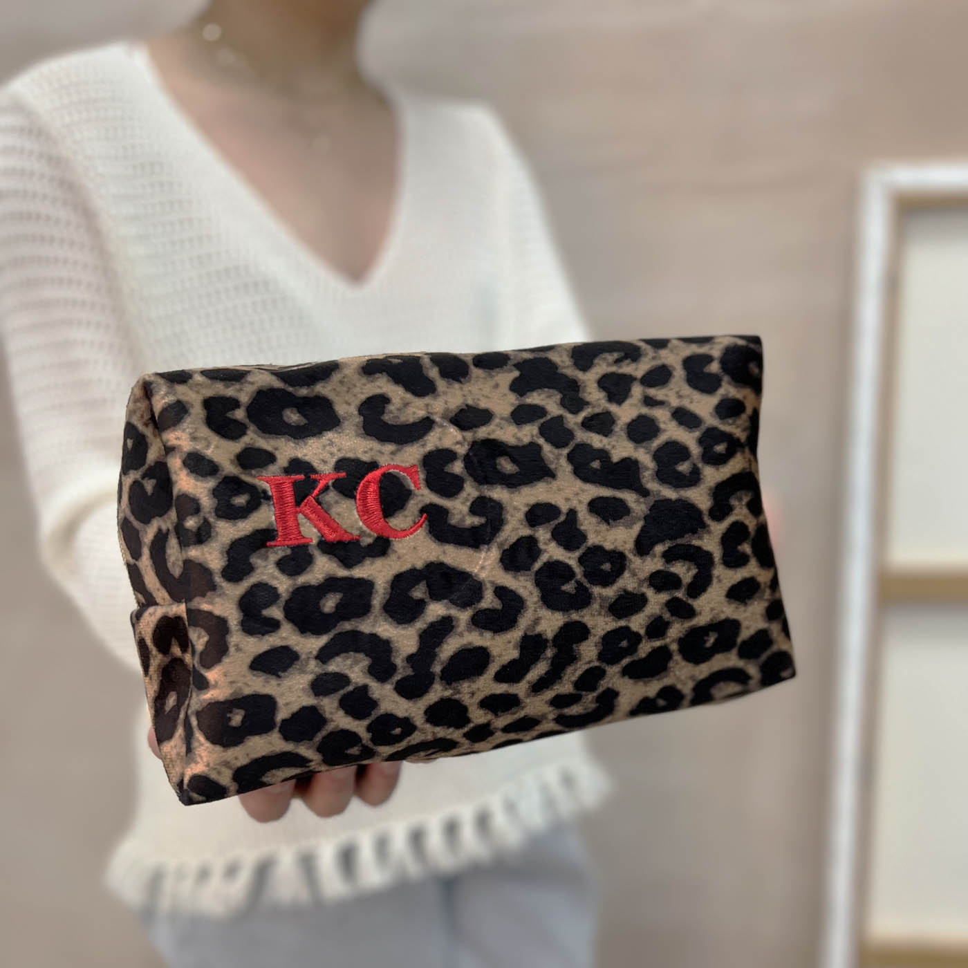 Embroidered Leopard Print Make Up Bag