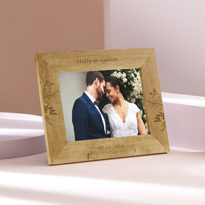 Personalised Engraved Wooden Picture Frame - Wedding, Names & Date Floral Design