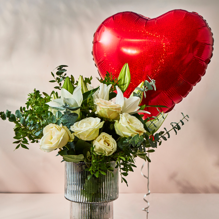 White Rose & Lily Flower Bouquet with Red Heart Balloon - FREE DELIVERY